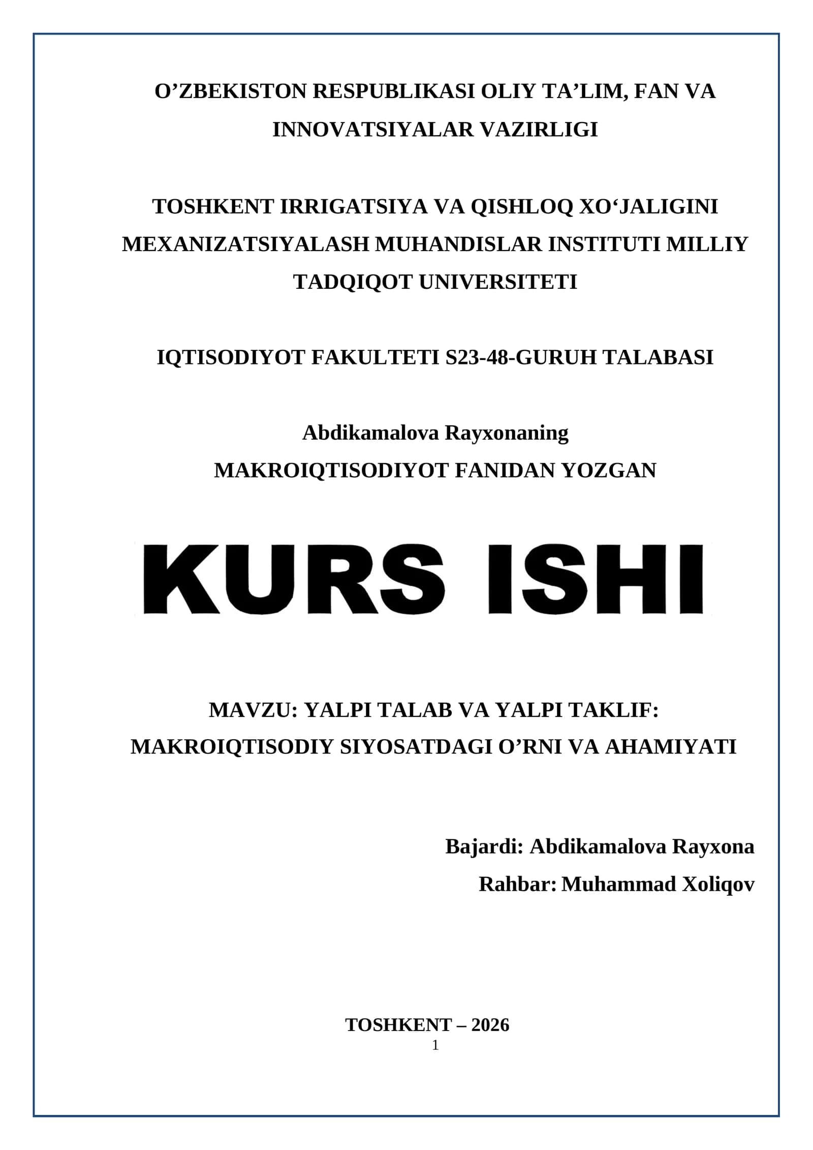 MAKROIQTISODIYOT FANIDAN YOZGAN 1