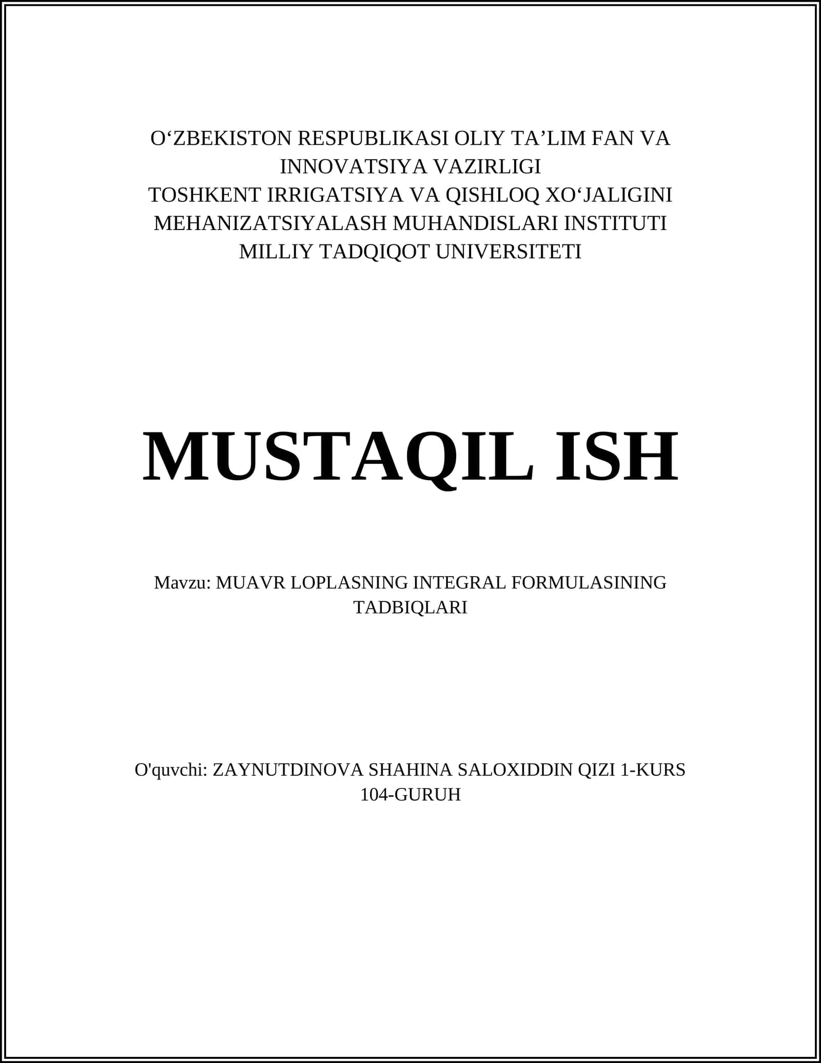 MUAVR LOPLASNING INTEGRAL FORMULASINING TADBIQLARI 1