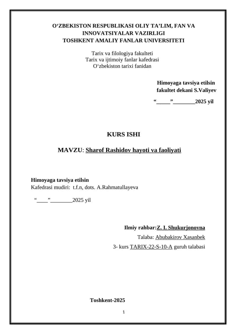 Sharof Rashidov hayoti va faoliyati kurs ishi 1