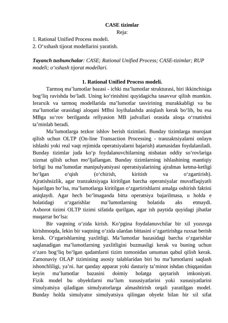 Case tizimlar. Rational Unified Process modeli. 1