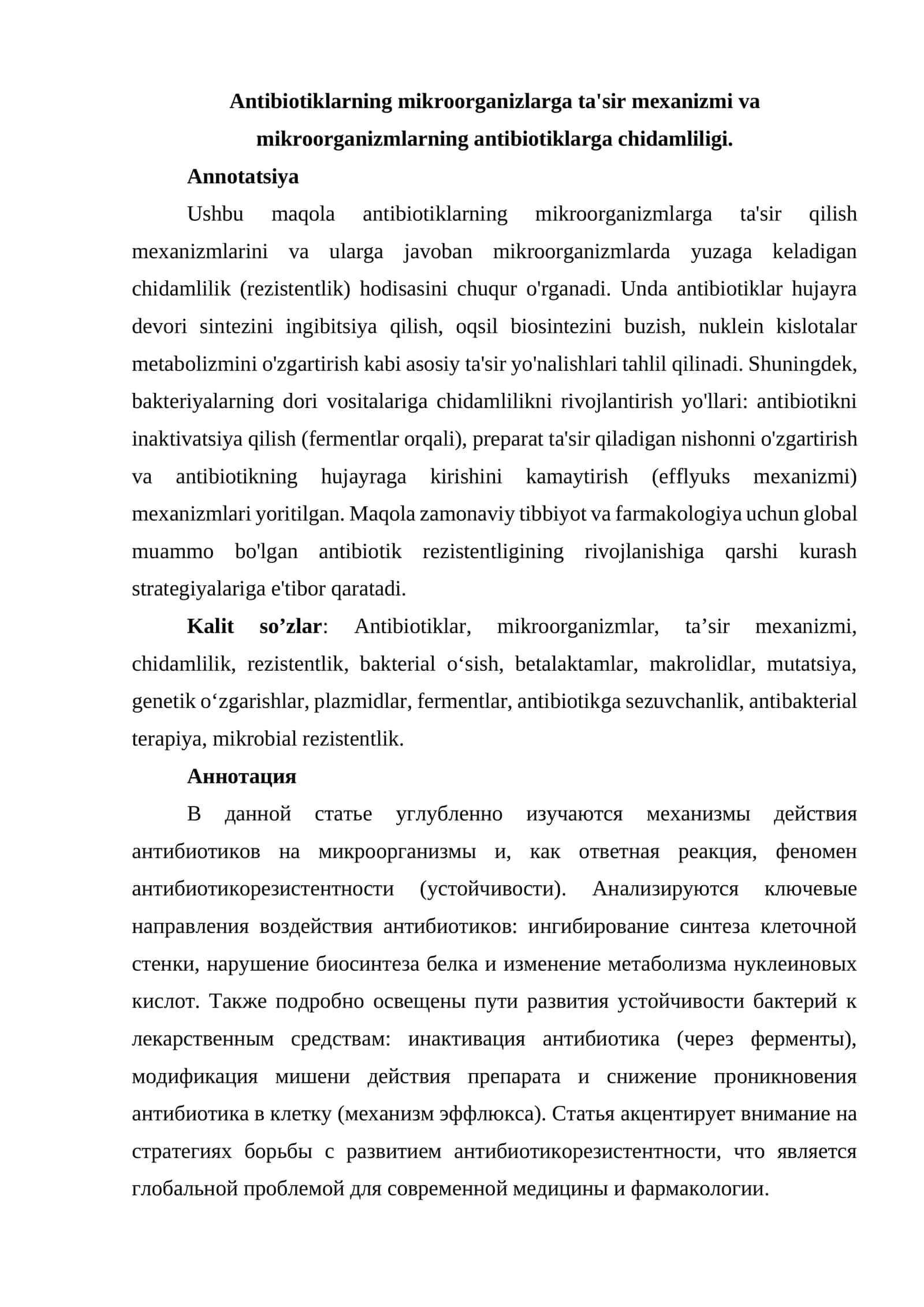 Antibiotiklarning mikroorganizlarga ta'sir mexanizmi 1