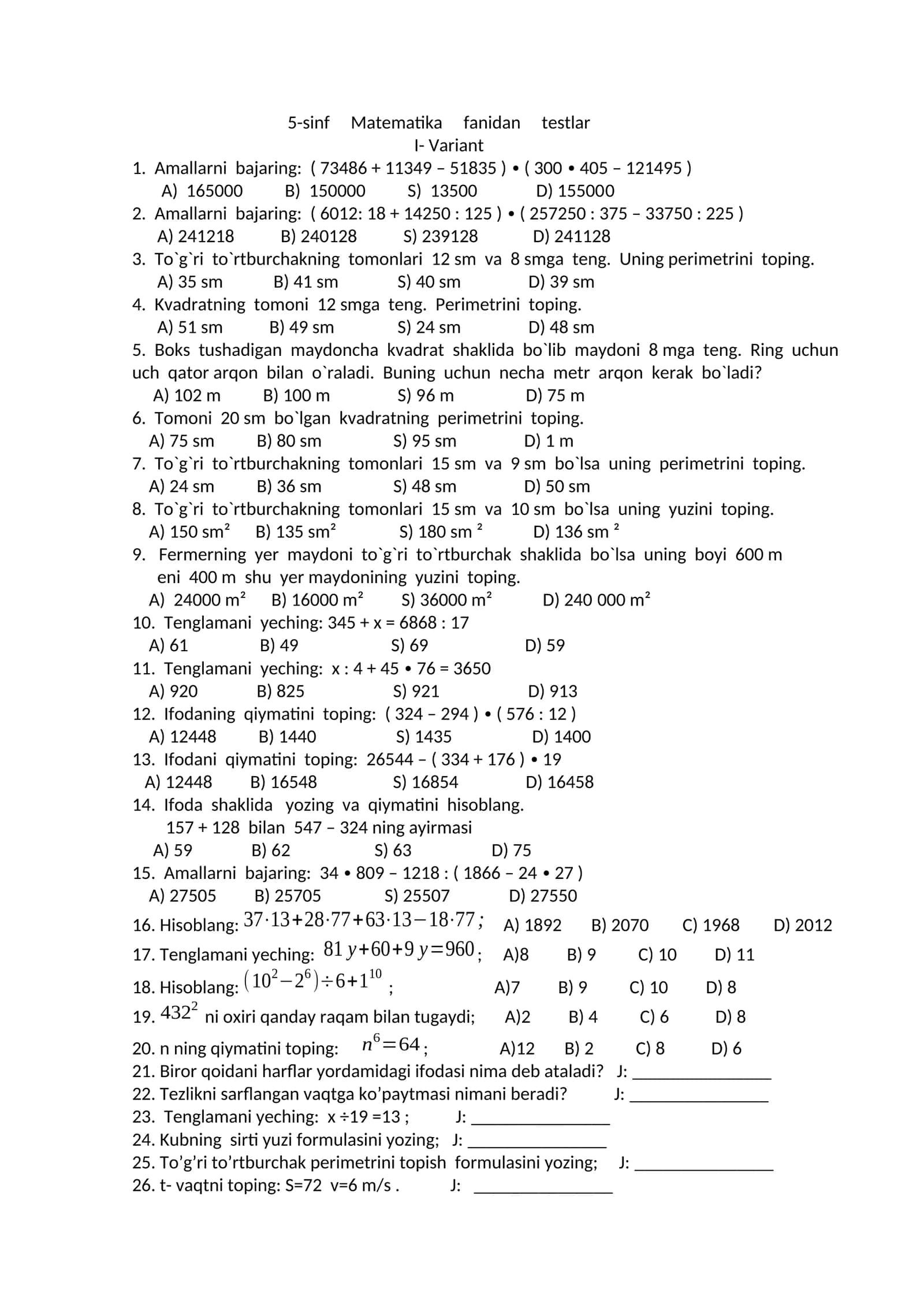5-sinf Matematika fanidan testlar 1