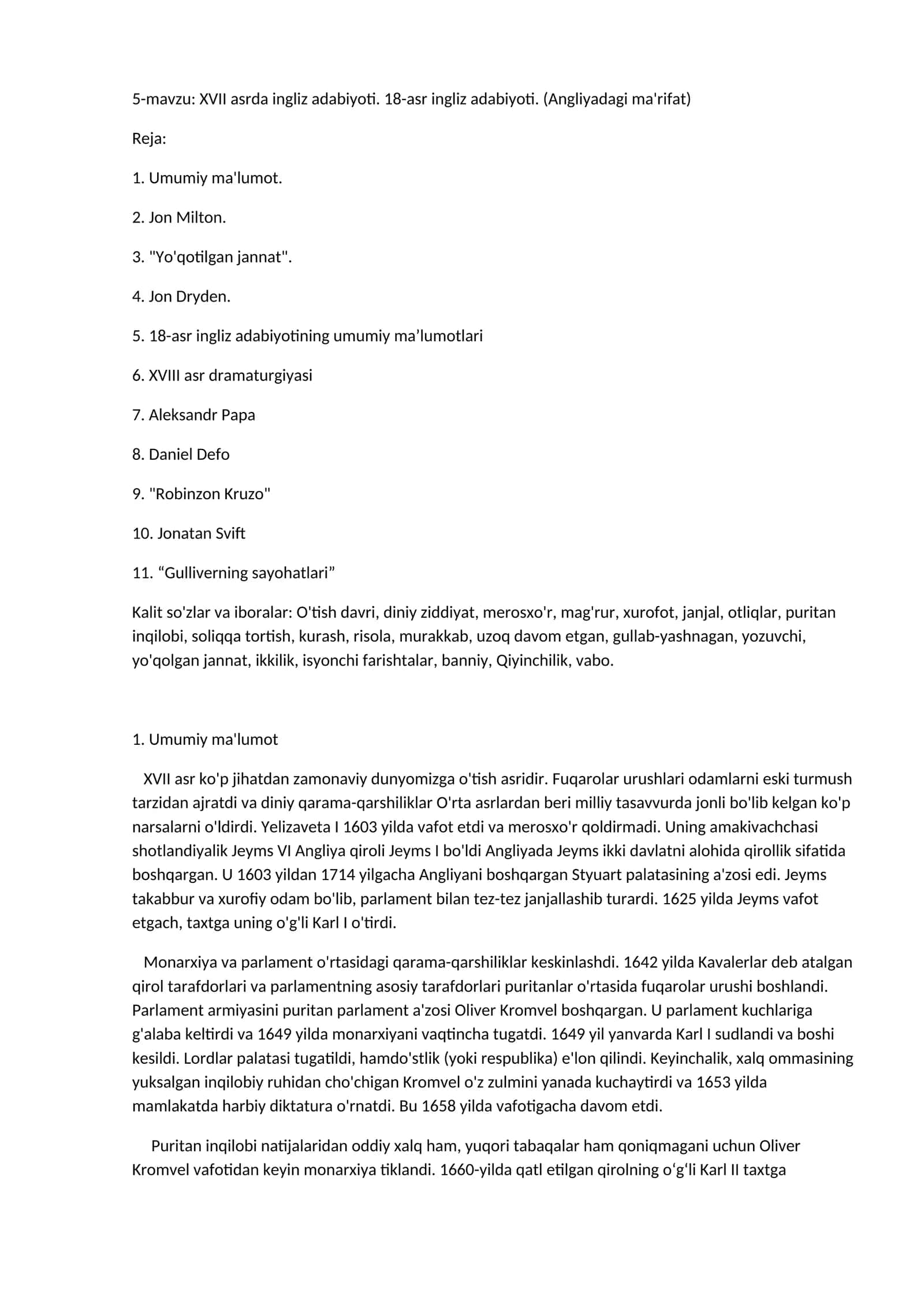 XVII asrda ingliz adabiyoti 1