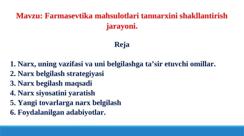 Farmasevtika mahsulotlari tannarxini shakllantirish jarayoni 1