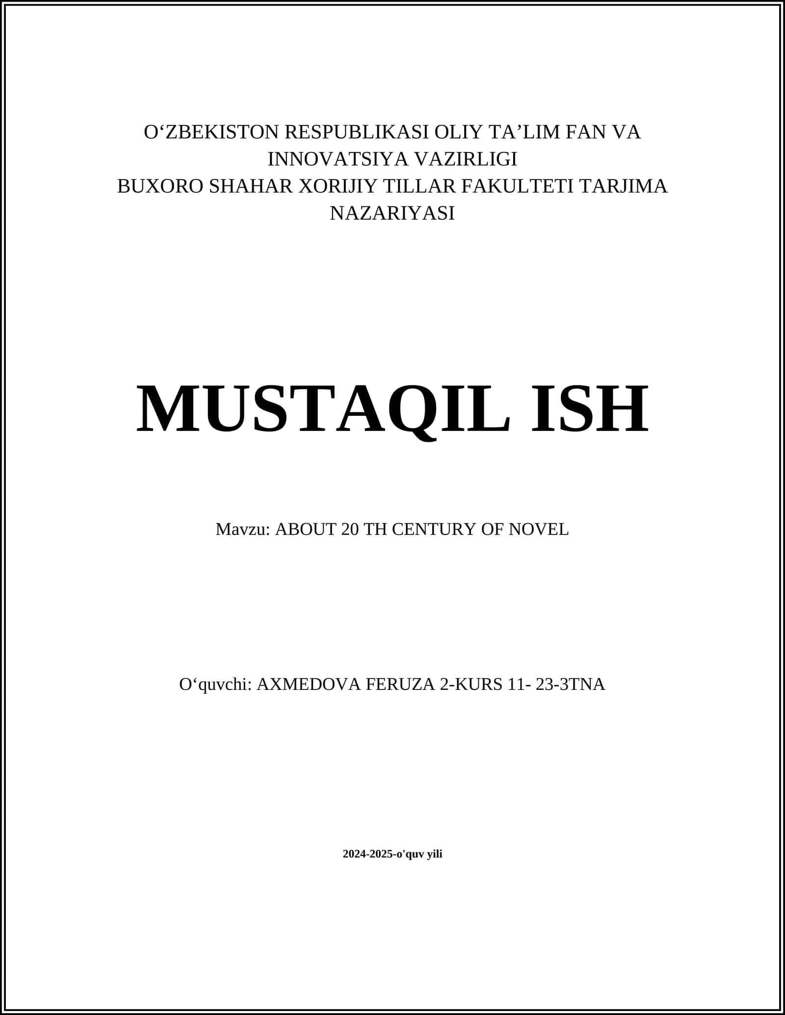 ABOUT 20 TH CENTURY OF NOVEL 1