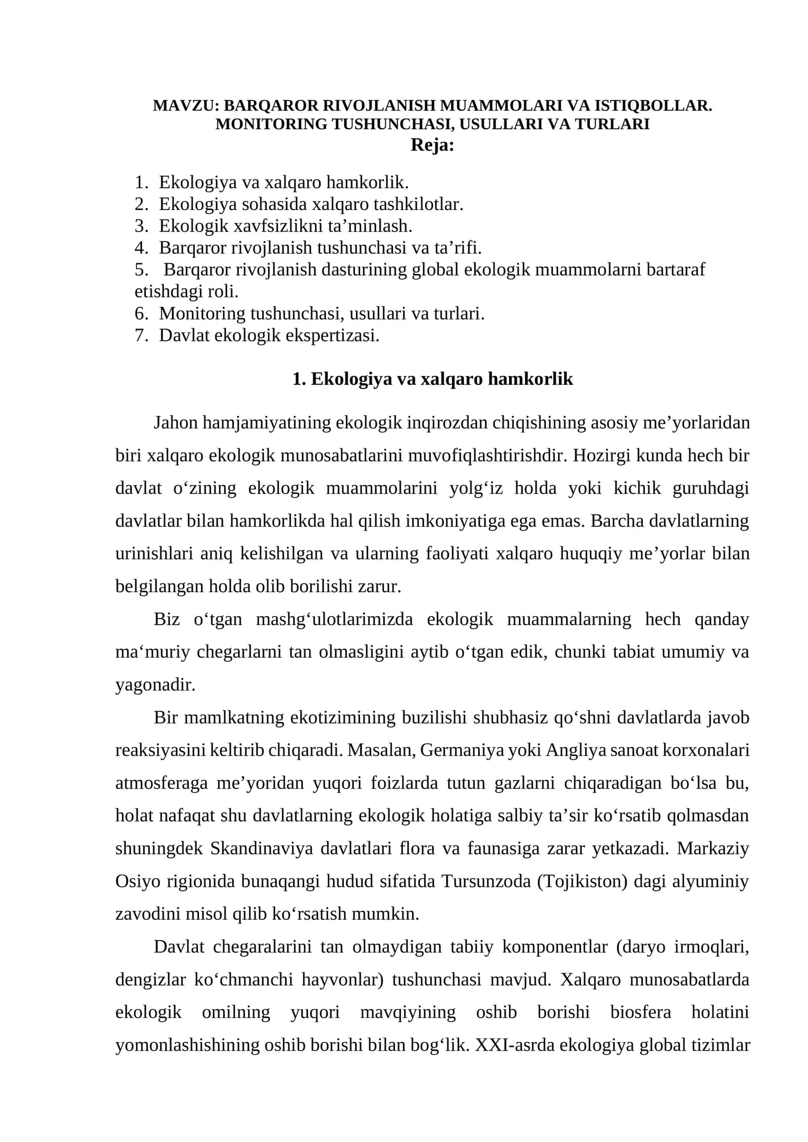 BARQAROR RIVOJLANISH MUAMMOLARI VA ISTIQBOLLAR. MONITORING TUSHUNCHASI, USULLARI VA TURLARI 1