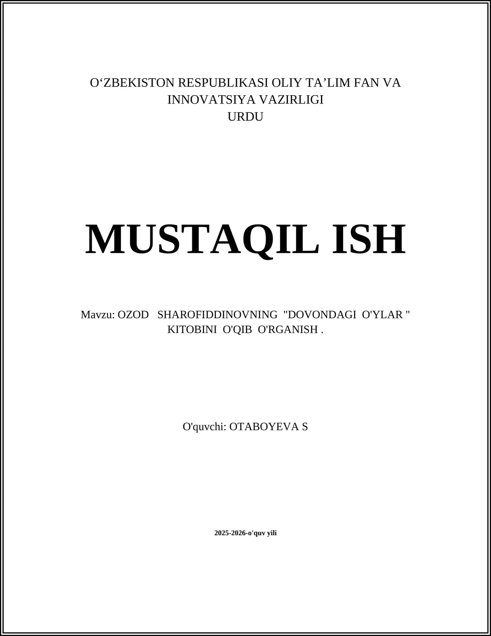 "DOVONDAGI O'YLAR" KITOBINI O'QIB O'RGANISH 1