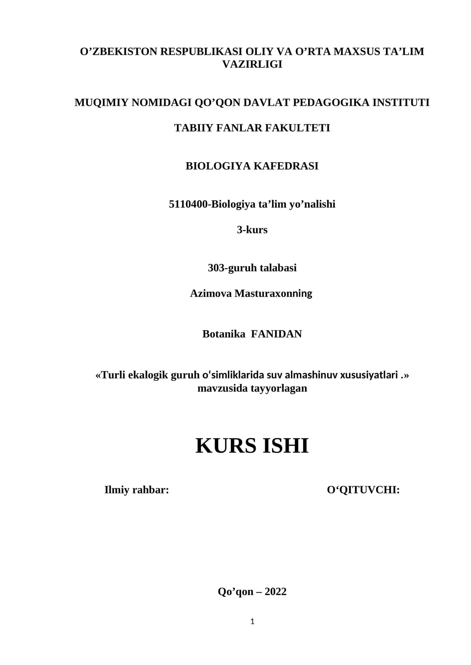 Turli ekalogik guruh oʻsimliklarida suv almashinuv xususiyatlari 1