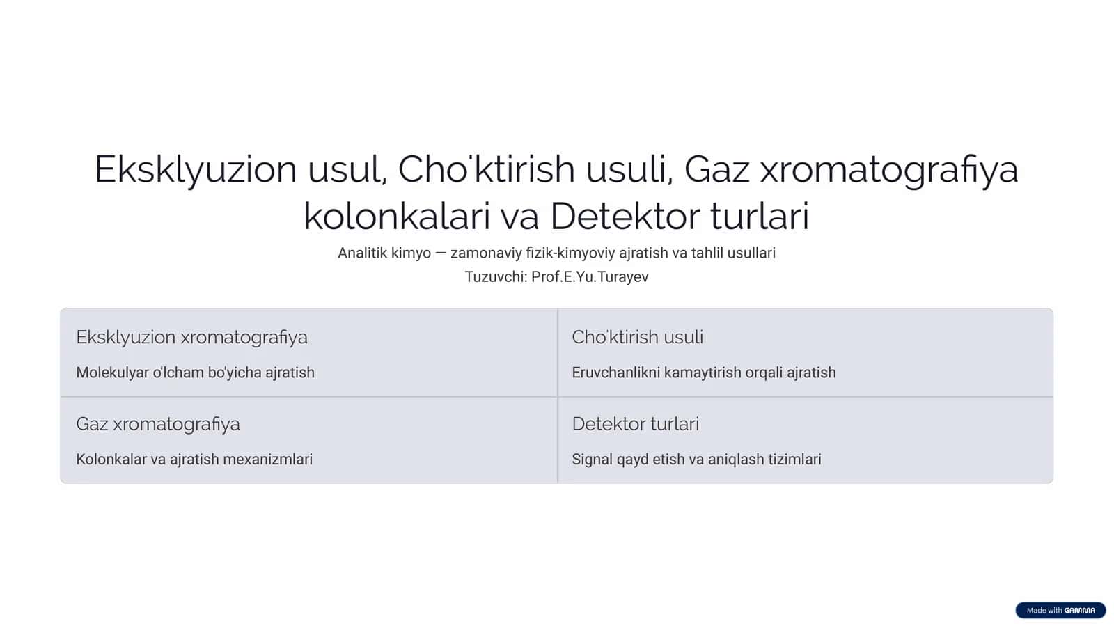 Eksklyuzion usul, Cho'ktirish usuli, Gaz xromatografiya kolonkalari va Detektor turlari 1