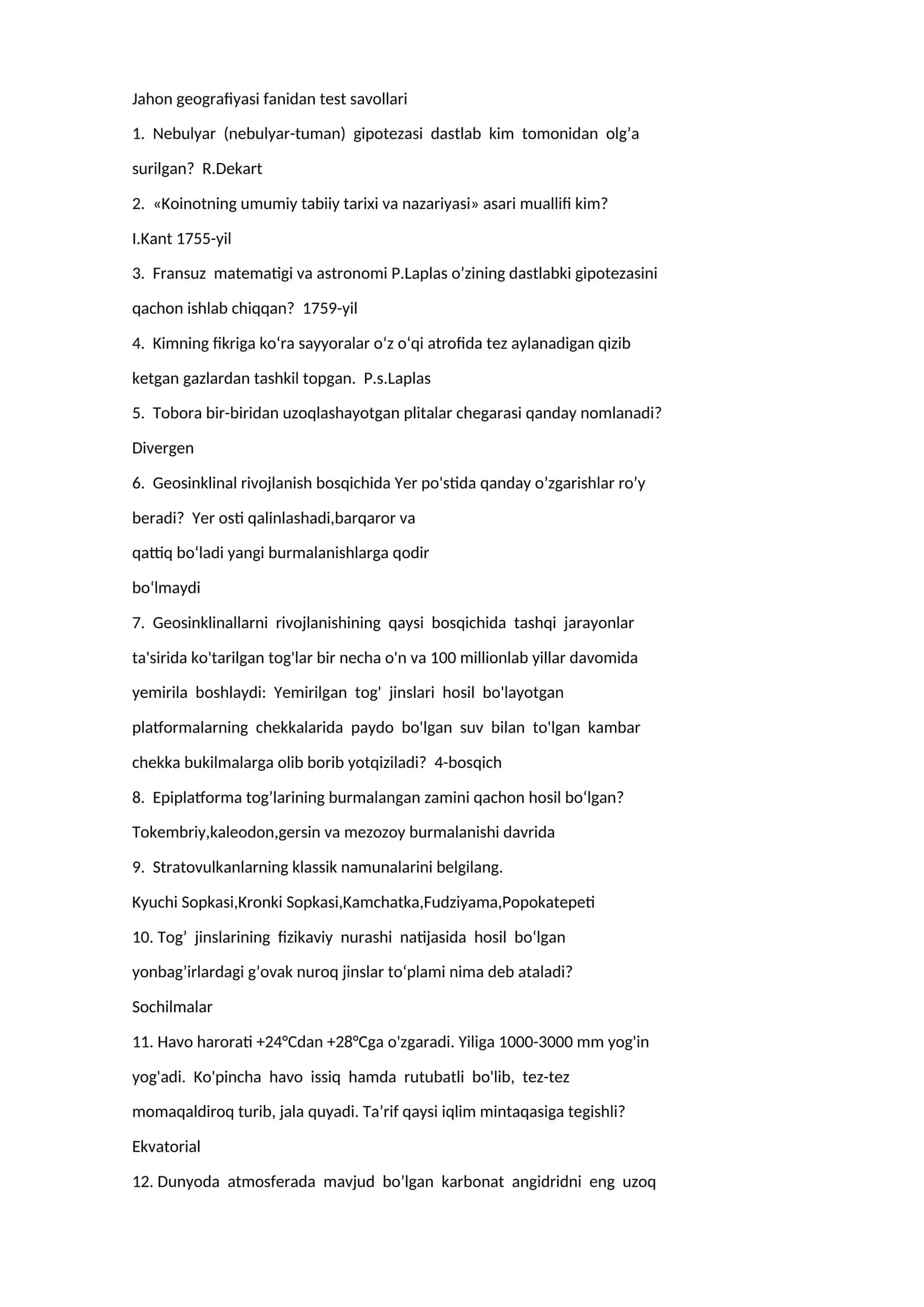 Jahon geografiyasi fanidan test savollari 1