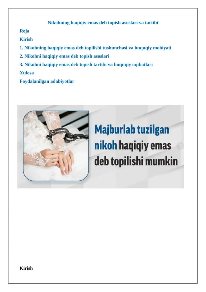 Nikohning haqiqiy emas deb topish asoslari va tartibi 1