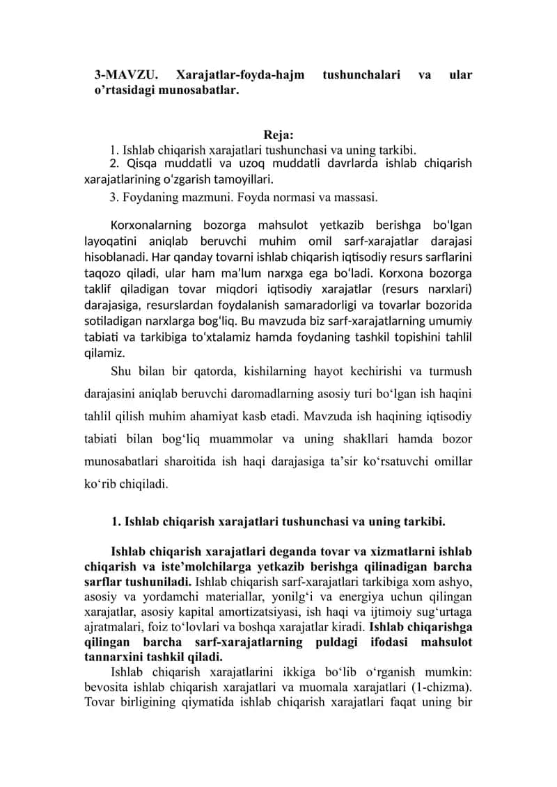 Xarajatlar-foyda-hajm tushunchalari va ular o’rtasidagi munosabatlar 1