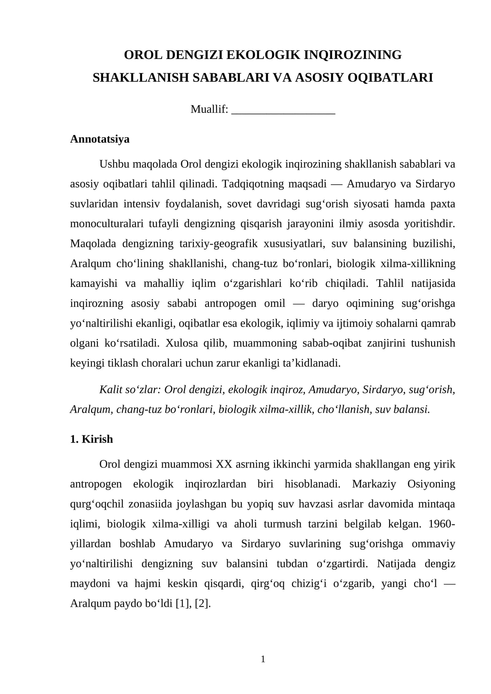 OROL DENGIZI EKOLOGIK INQIROZINING SHAKLLANISH SABABLARI VA ASOSIY OQIBATLARI 1