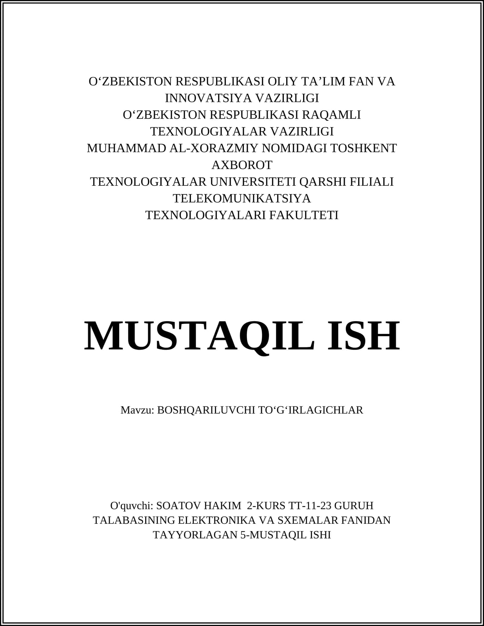 BOSHQARILUVCHI TO'G'IRLAGICHLAR 1