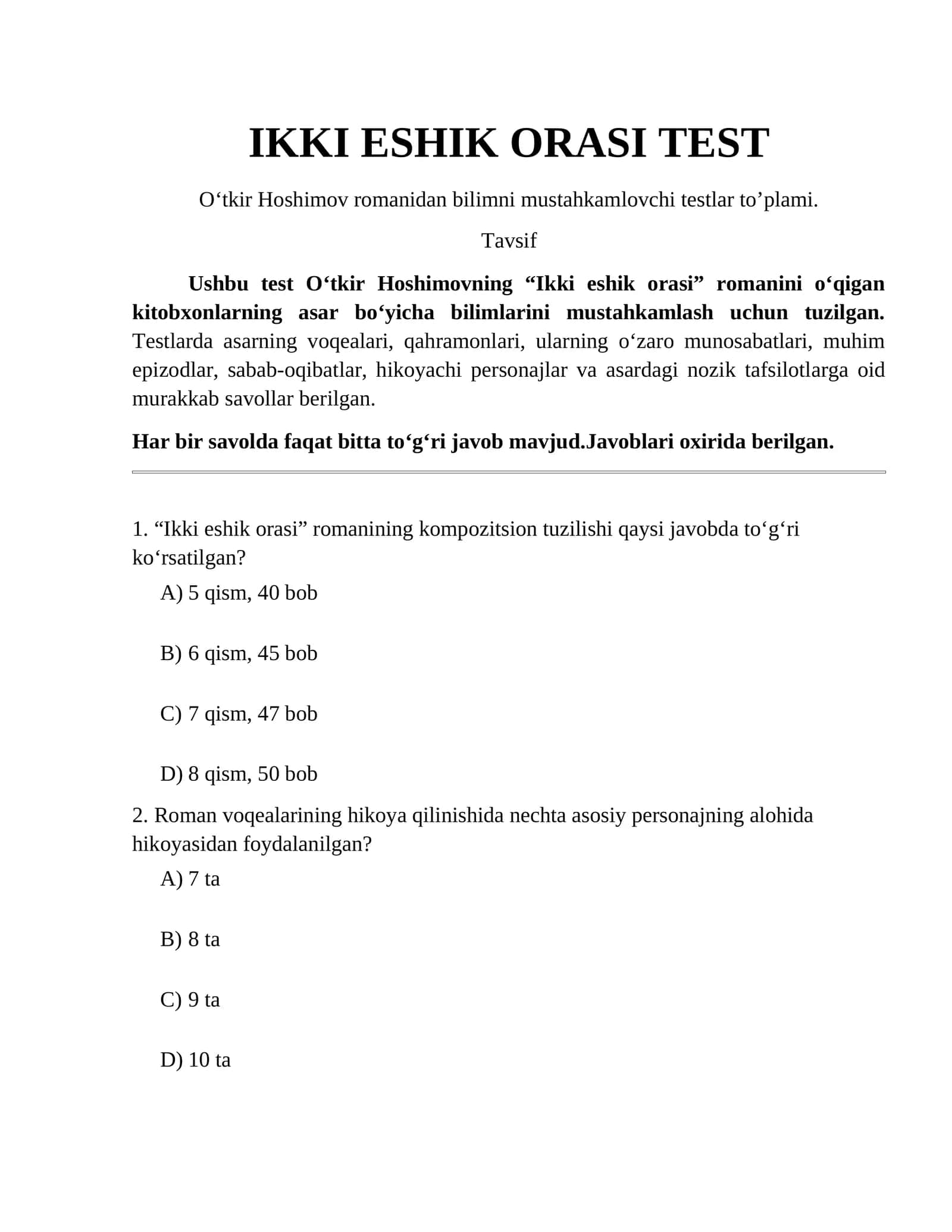IKKI ESHIK ORASI TEST 1