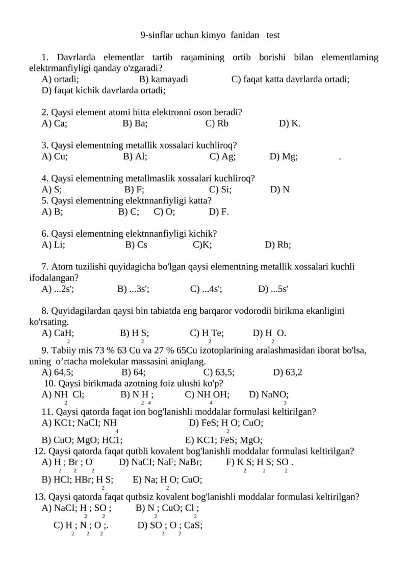 9-sinflar uchun kimyo fanidan test 1
