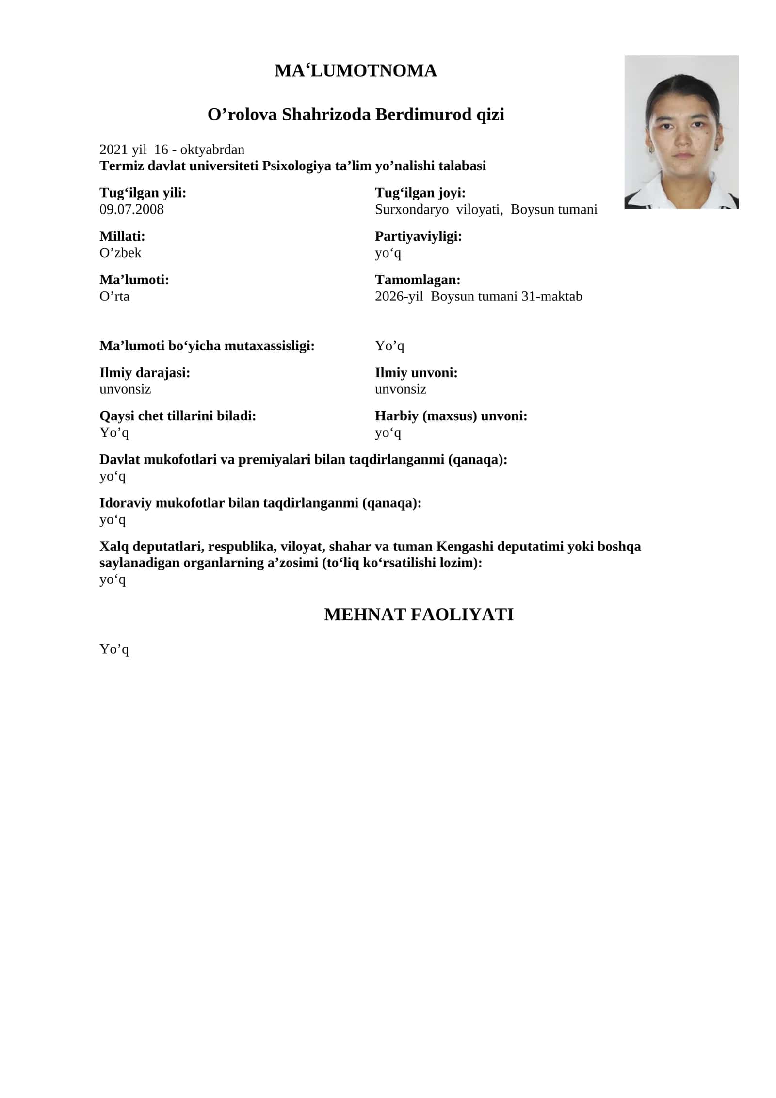 O’rolova Shahrizoda Berdimurod qizi 1