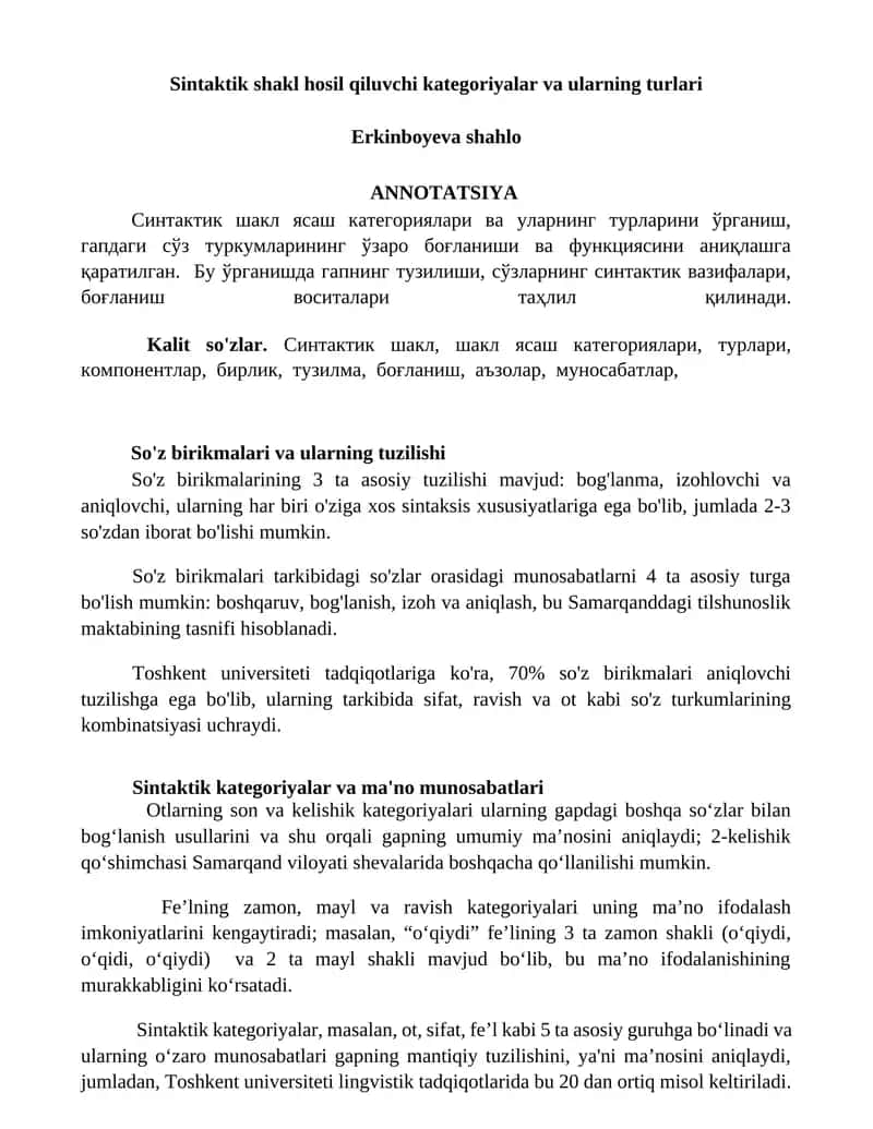 Sintaktik shakl hosil qiluvchi kategoriyalar va ularning turlari 1