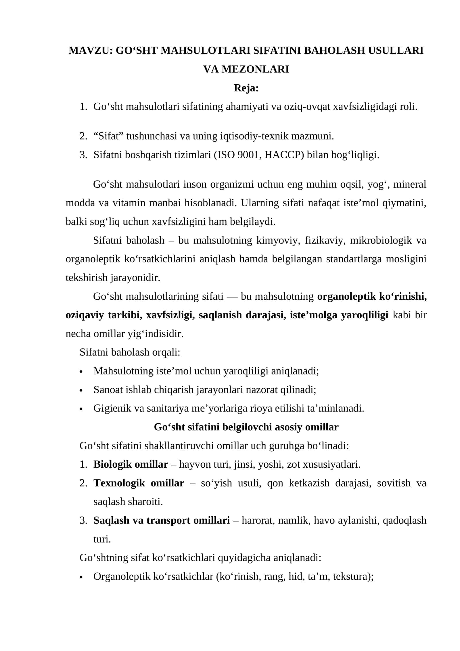 GO‘SHT MAHSULOTLARI SIFATINI BAHOLASH USULLARI VA MEZONLARI 1