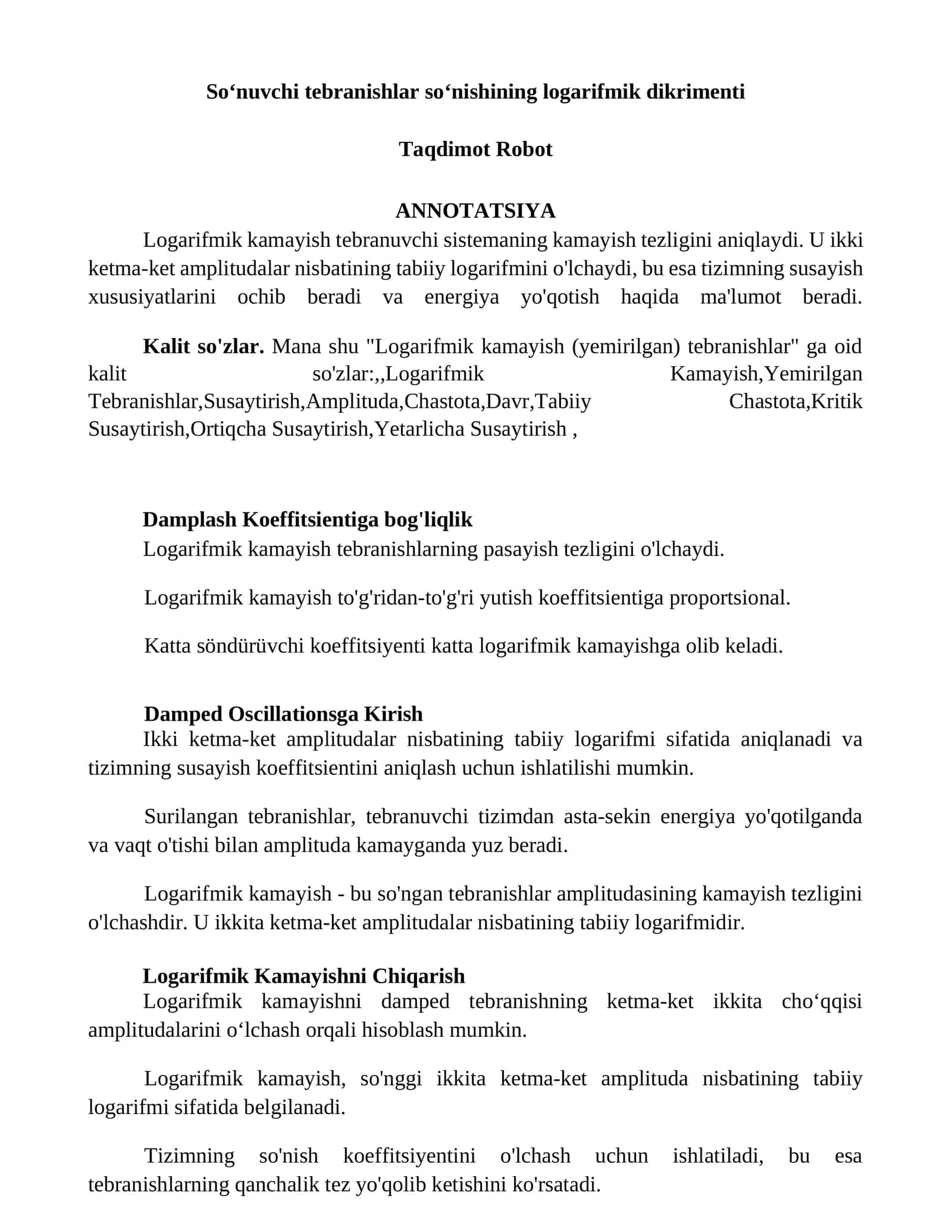 Logarifmik kamayish tebranishlar soʻnishining 1