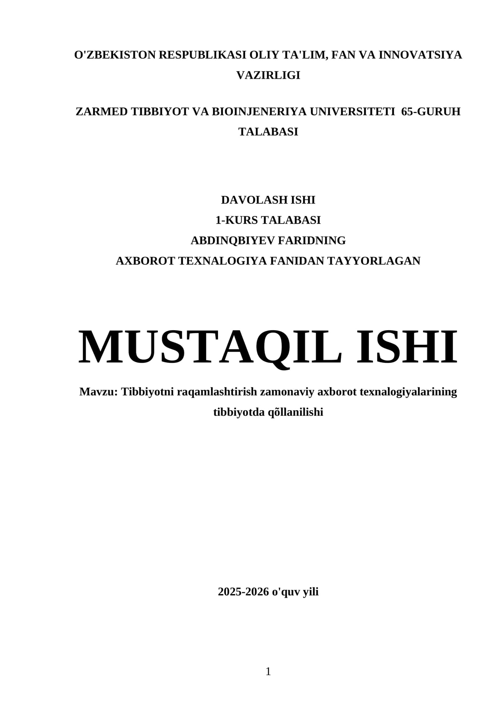 ZARMED Tibbiyot va Bioinjeneriya Universiteti 65-guruh Talabasi Davolash Ishi 1