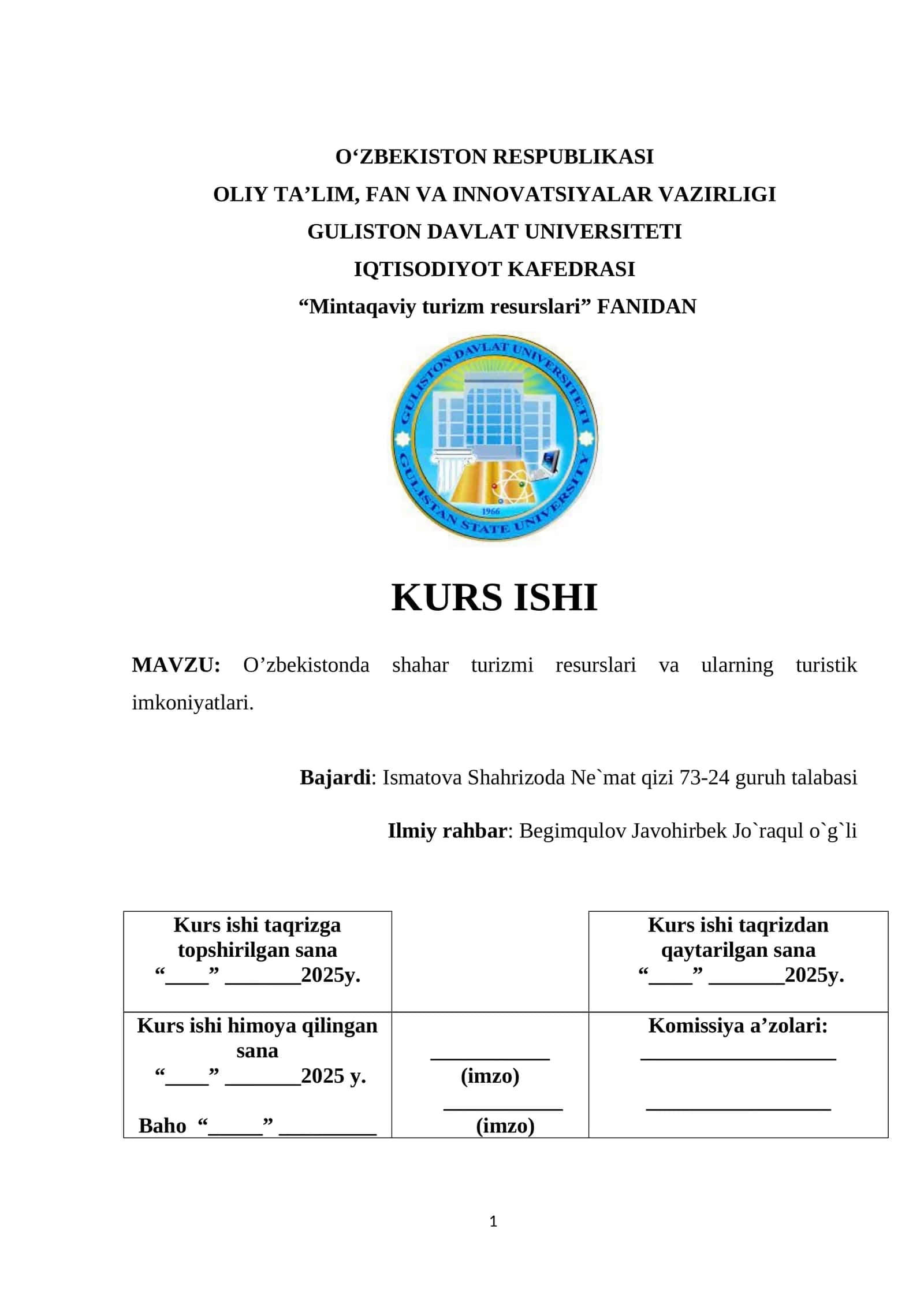 O'zbekistonda shahar turizmi resurslari va ularning turistik imkoniyatlari 1
