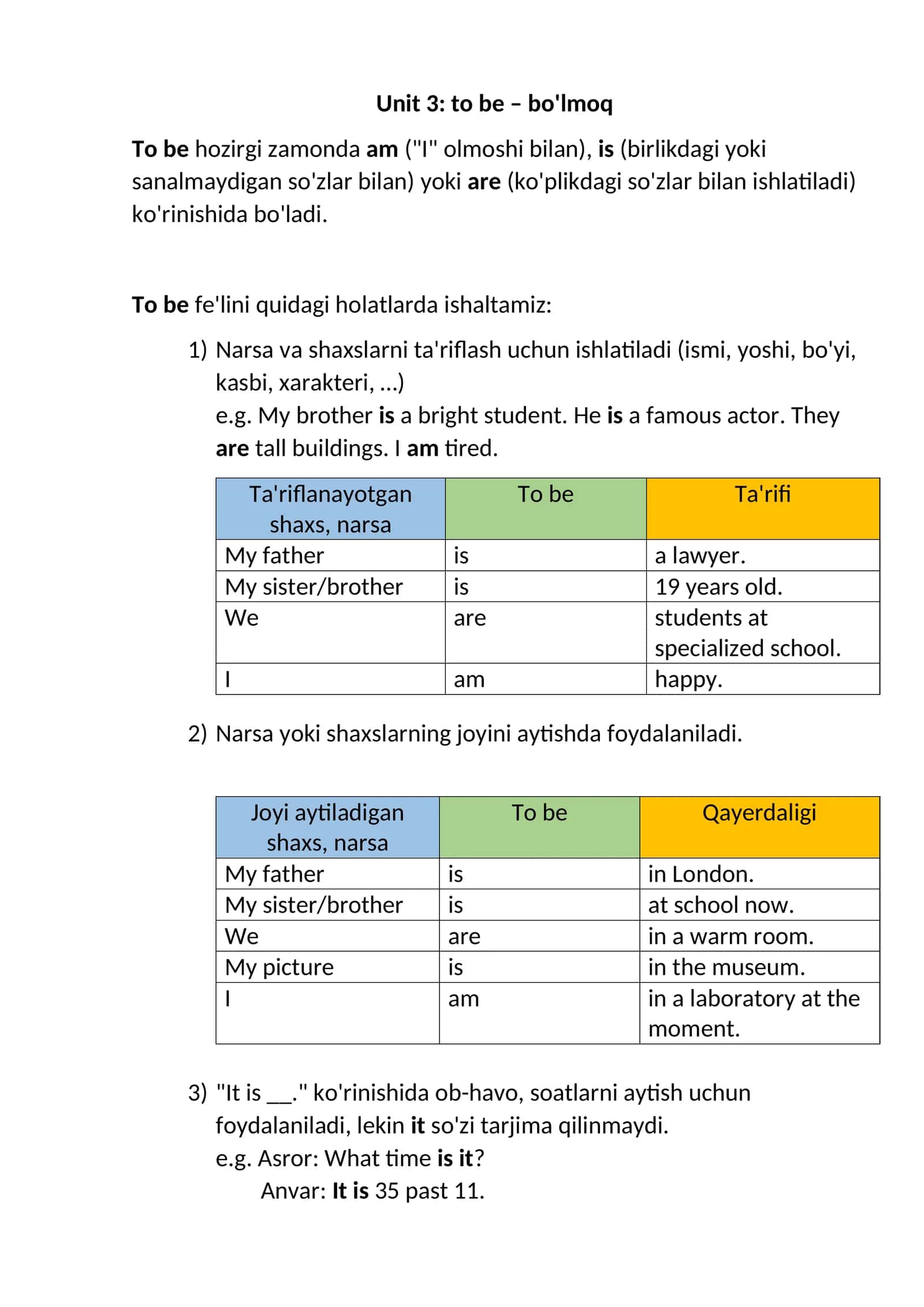 Unit 3: to be – bo'lmoq 1