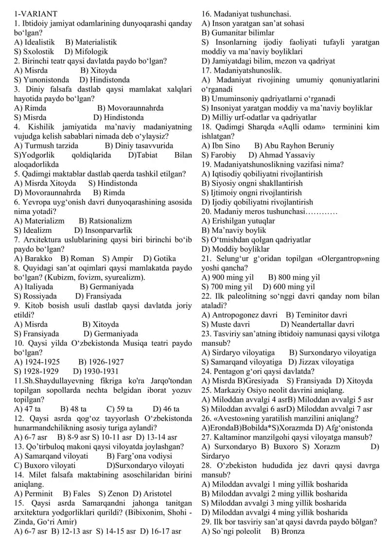 Madaniyat va san`at fanidan test 1