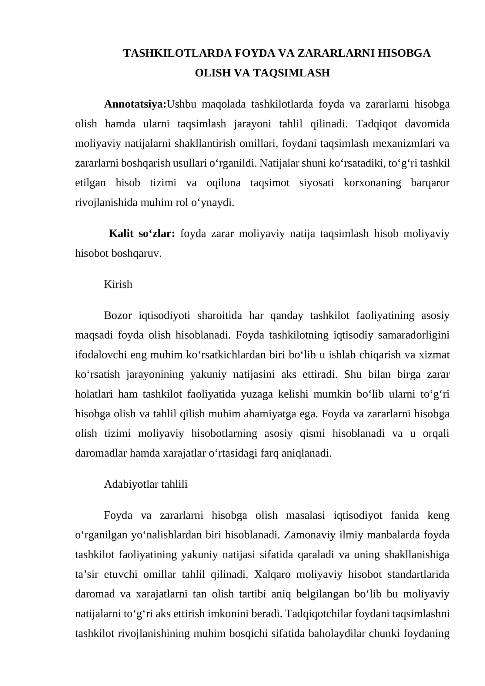 TASHKILOTLARDA FOYDA VA ZARARLARNI HISOBGA OLISH VA TAQSIMLASH 1