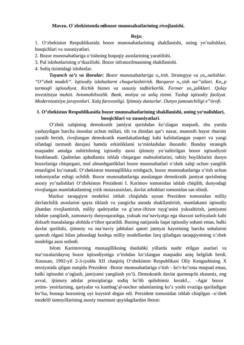 O`zbekistonda mibozor munosabatlarining rivojlanishi 1