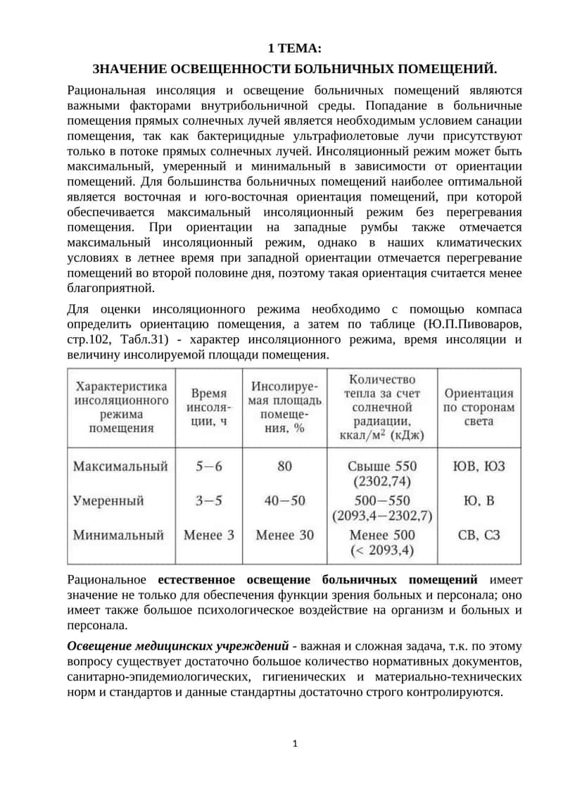 Значение освещенности больничных помещений 1