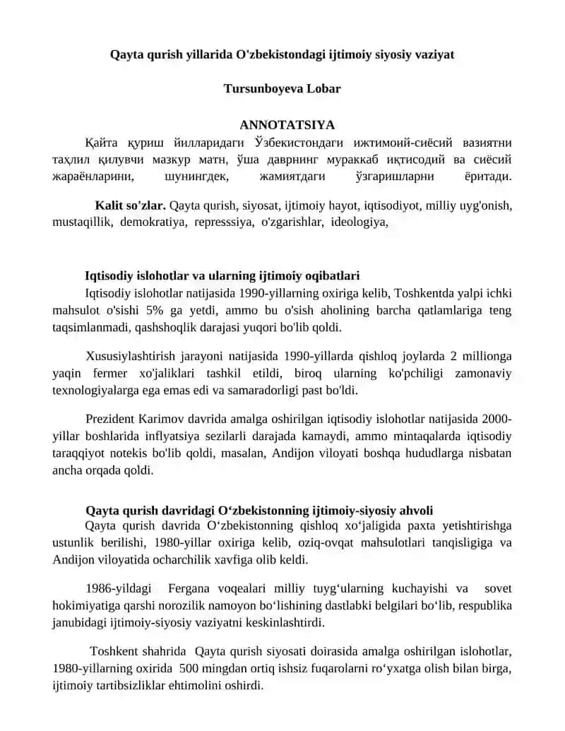 Qayta qurish yillarida O'zbekistondagi ijtimoiy siyosiy vaziyat