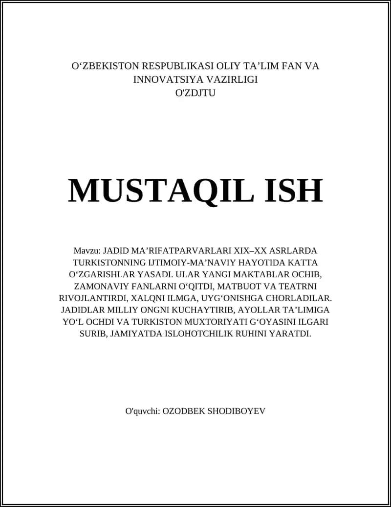 JADID MA’RIFATPARVARLARI XIX–XX ASRLARDA TURKISTONNING IJTIMOIY-MA’NAVIY HAYOTIDA KATTA O‘ZGARISHLAR YASADI 1
