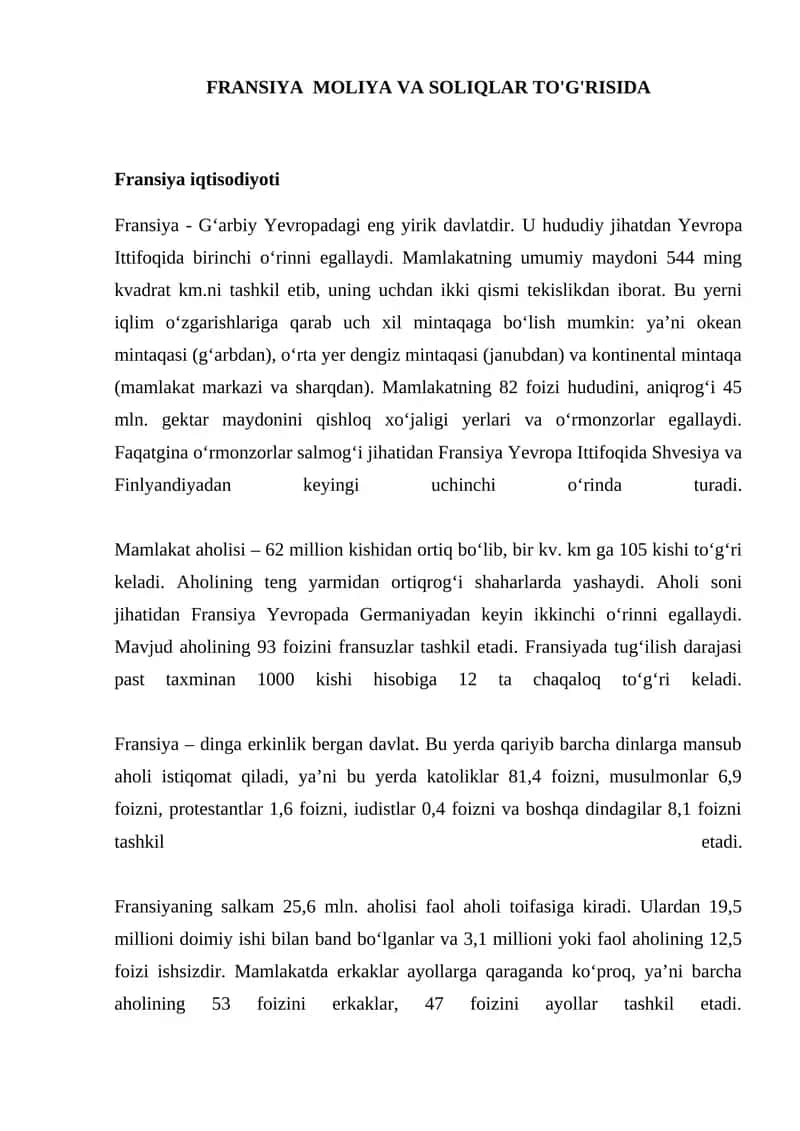 Fransiya Moliya va Soliqlar To'g'risida 1