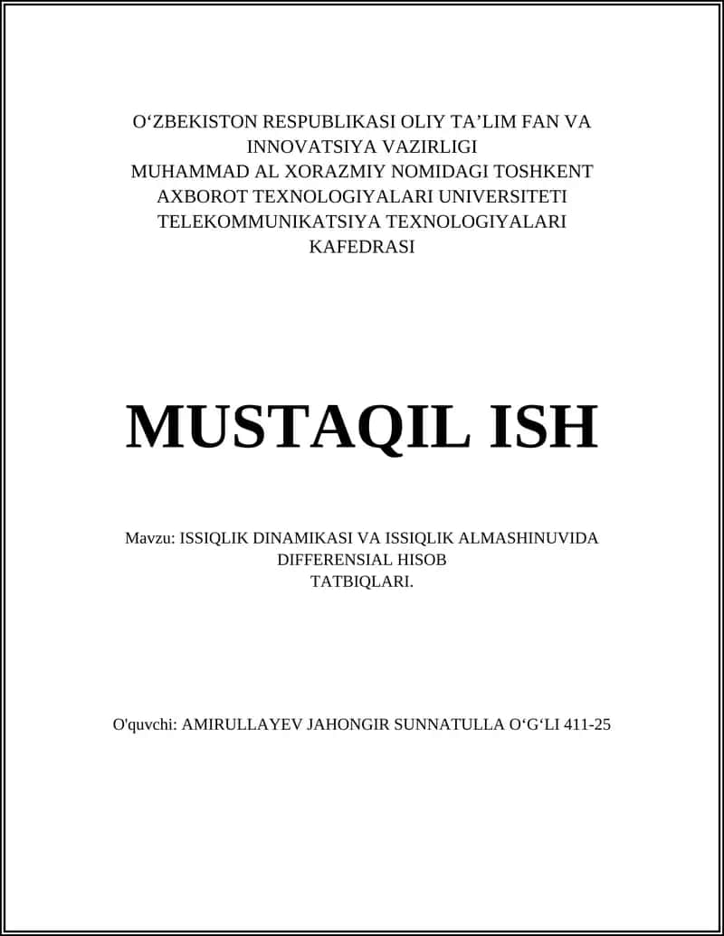 ISSIQLIK DINAMIKASI VA ISSIQLIK ALMASHINUVIDA DIFFERENSIAL HISOB TATBIQLARI 1
