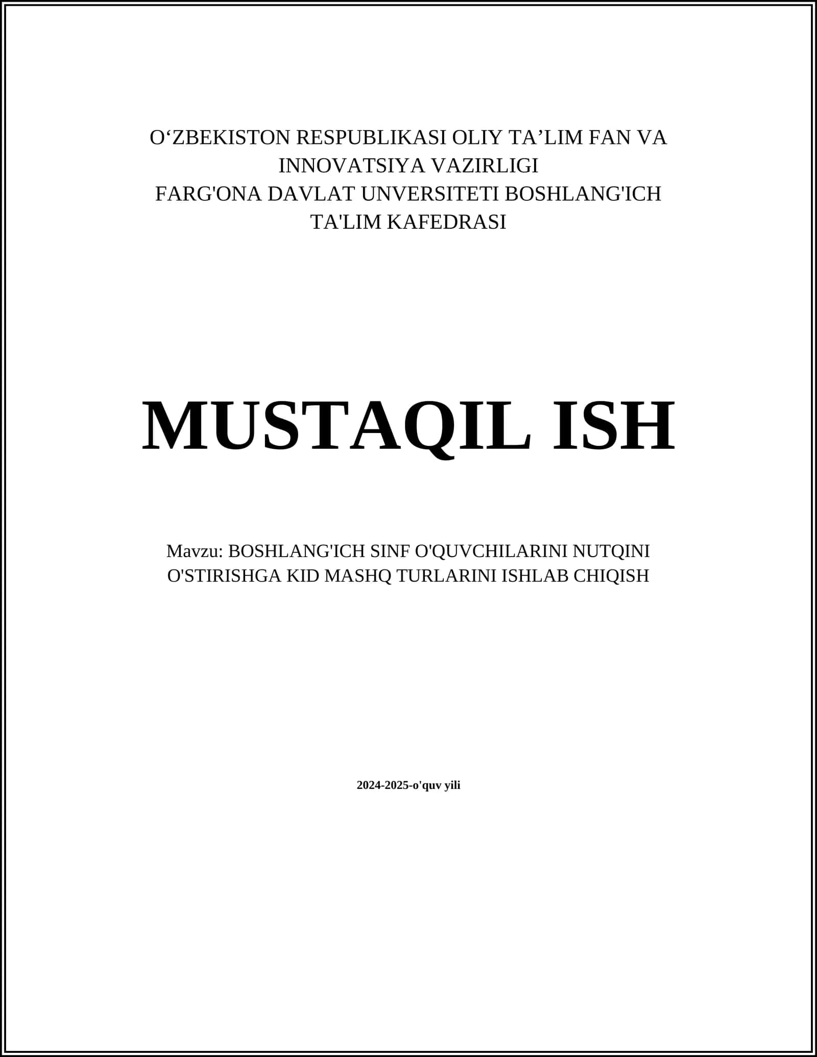 BOSHLANG'ICH SINF O'QUVCHILARINI NUTQINI O'STIRISHGA KID MASHQ TURLARINI ISHLAB CHIQISH 1