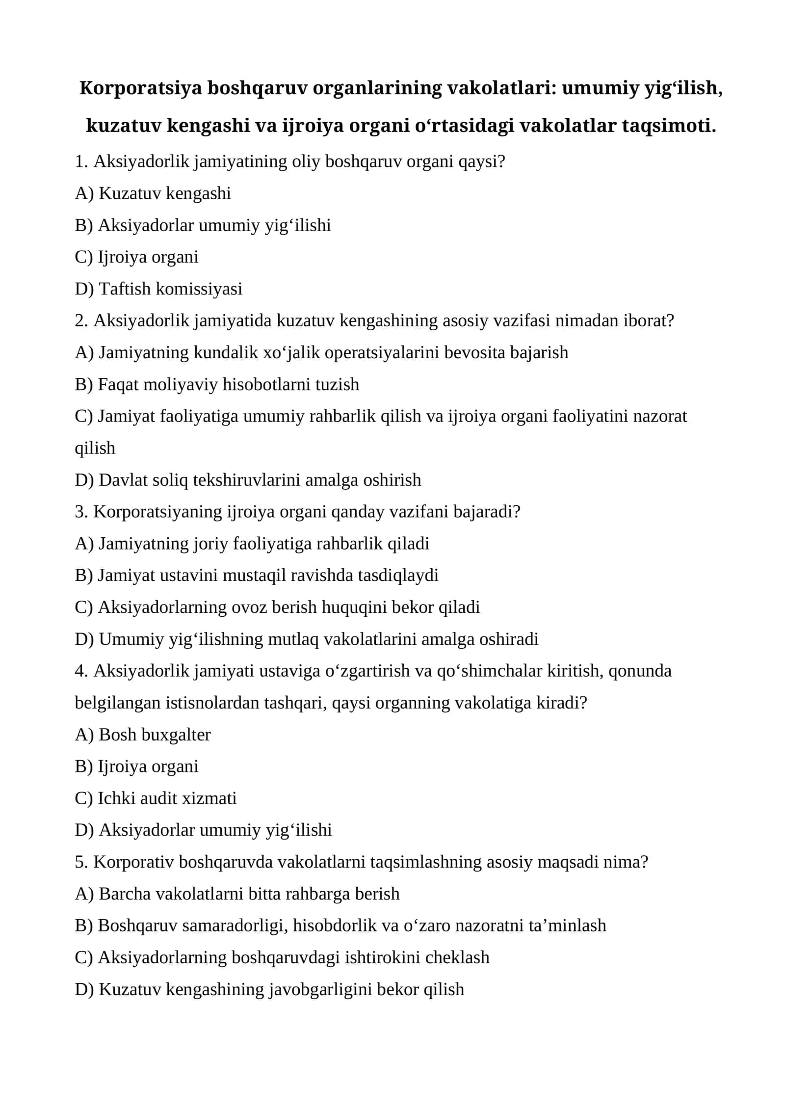 Korporatsiya boshqaruv organlarining vakolatlari umumiy yig‘ilish, kuzatuv kengashi va ijroiya organi o‘rtasidagi vakolatlar taqsimoti. test.docx 1