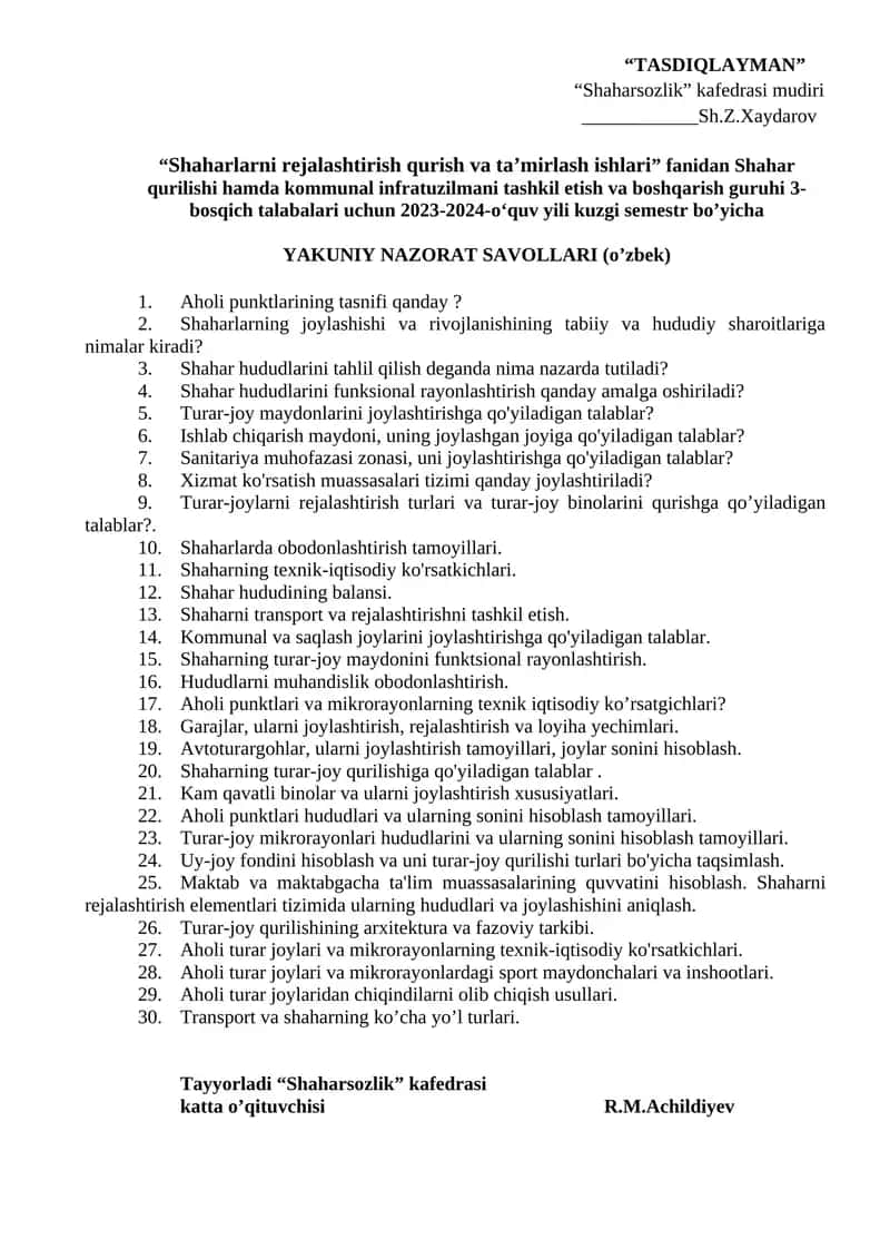 Shahar qurilishi hamda kommunal infratuzilmani tashkil etish va boshqarish guruhi 3-bosqich talabalari 1
