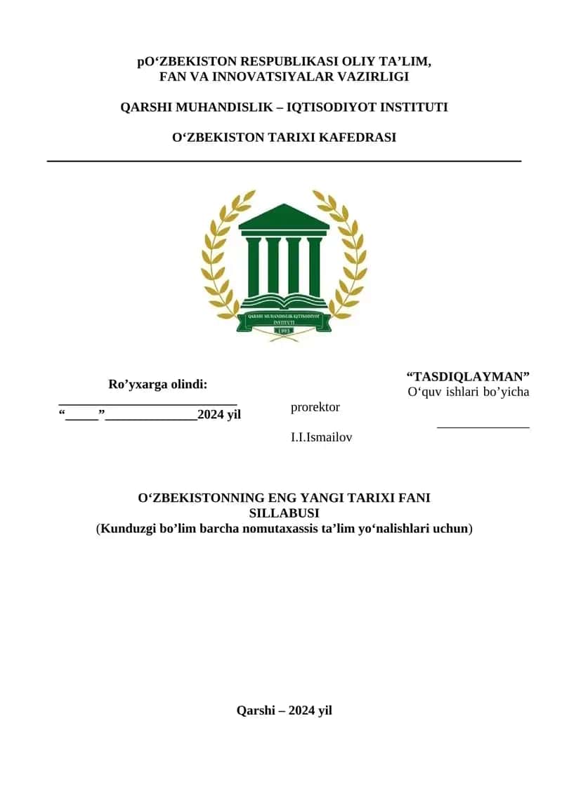 O‘ZBEKISTONNING ENG YANGI TARIXI FANI SILLABUSI 1