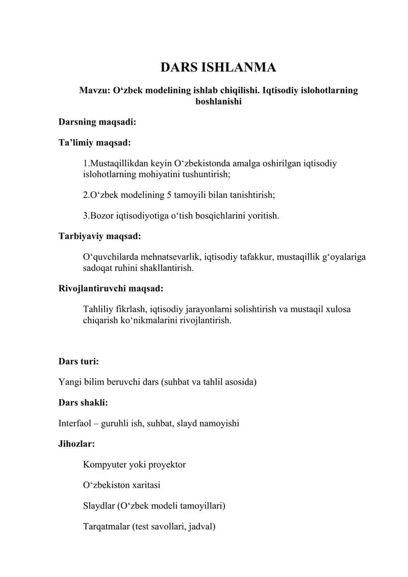 O‘zbek modelining ishlab chiqilishi. Iqtisodiy islohotlarning boshlanishi mavzusida dars ishlanma 1