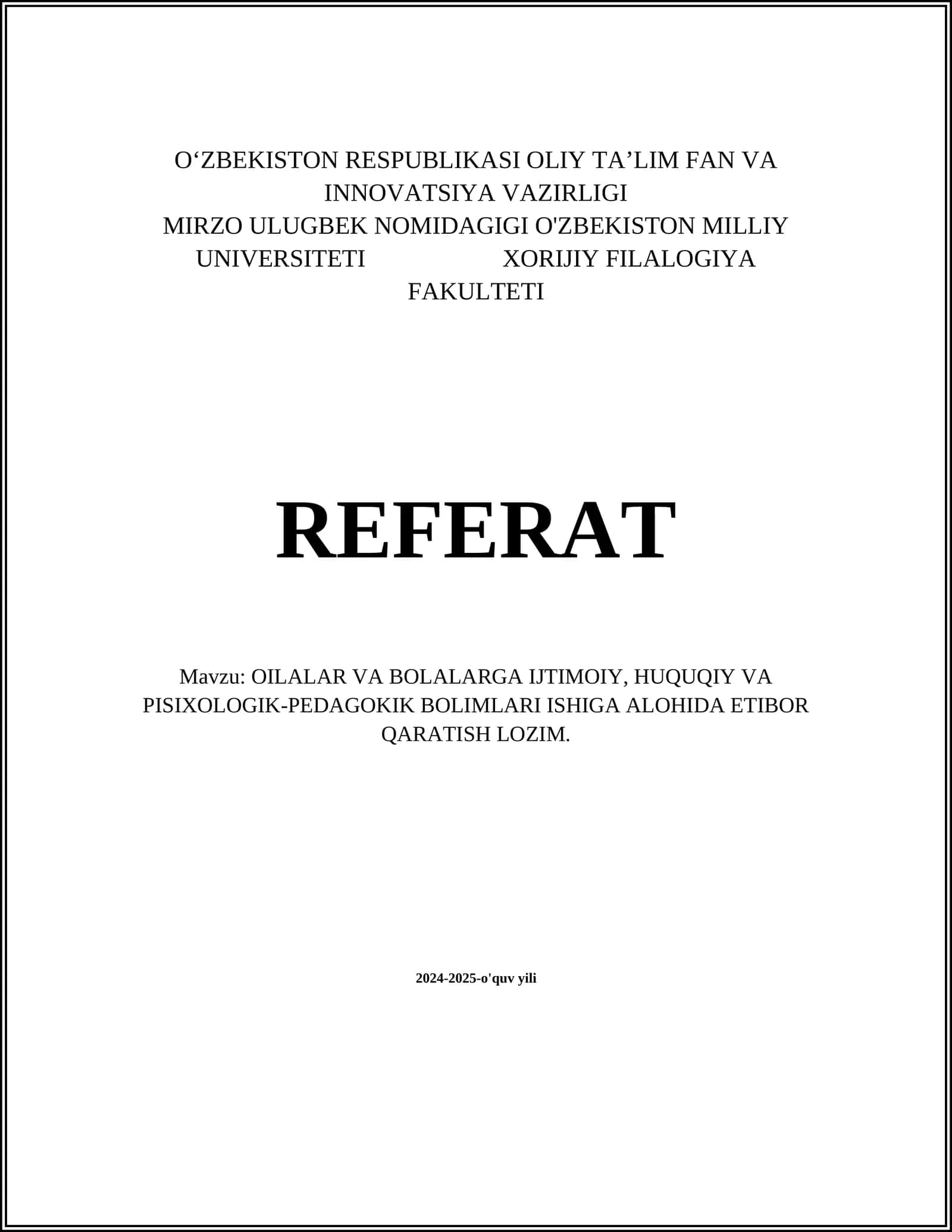 OILALAR VA BOLALARGA IJTIMOIY, HUQUQIY VA PISIXOLOGIK-PEDAGOKIK BOLIMLARI ISHIGA ALOHIDA ETIBOR QARATISH LOZIM 1