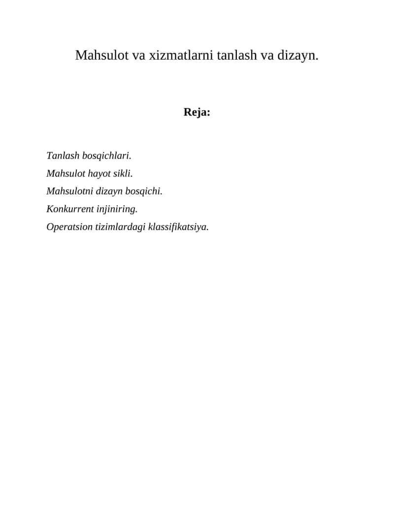 Mahsulot va xizmatlarni tanlash va dizayn 1