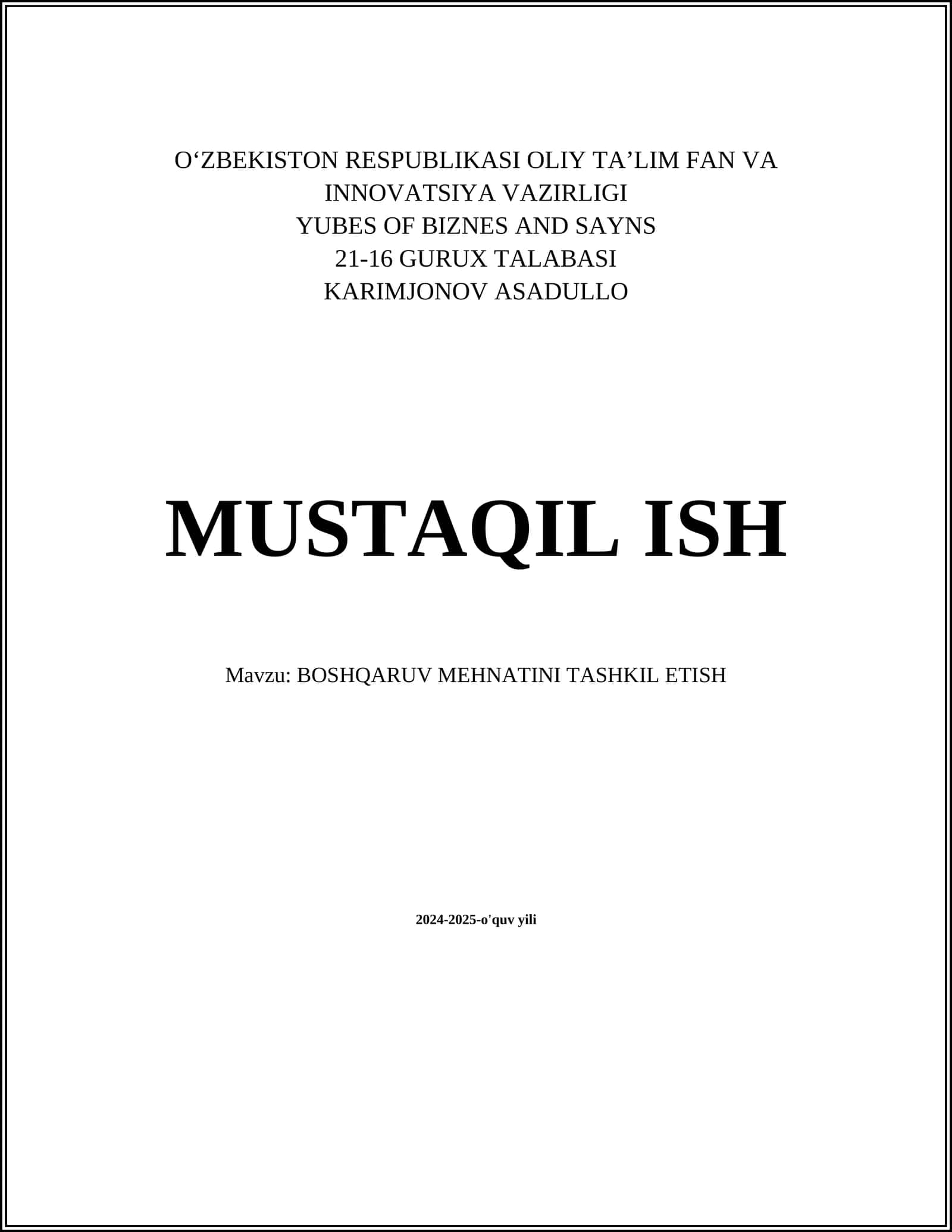 Boshqaruv mehnatini tashkil etish 1