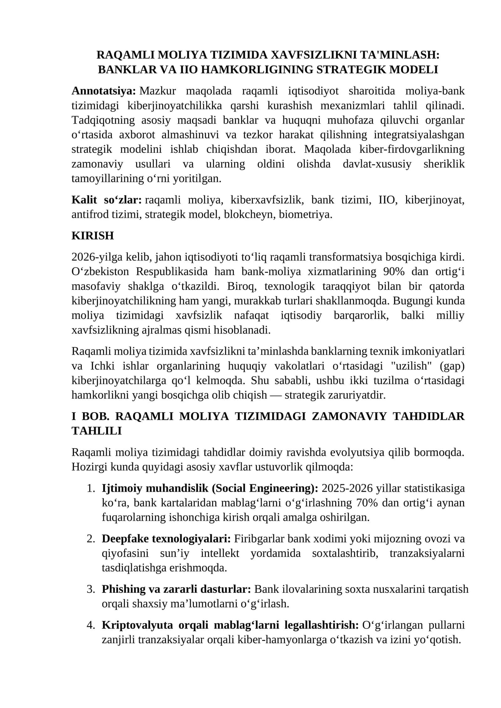 RAQAMLI MOLIYA TIZIMIDA XAVFSIZLIKNI TA'MINLASH: BANKLAR VA IIO HAMKORLIGINING STRATEGIK MODELI 1