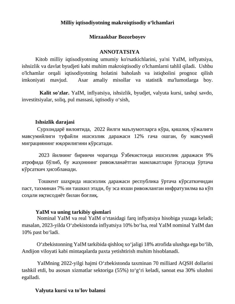 Milliy iqtisodiyotning makroiqtisodiy oʻlchamlari 1