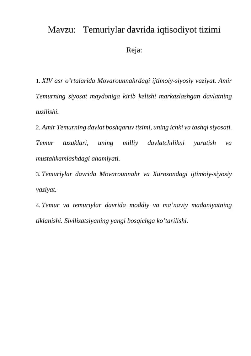 Temuriylar davrida iqtisodiyot tizimi 1