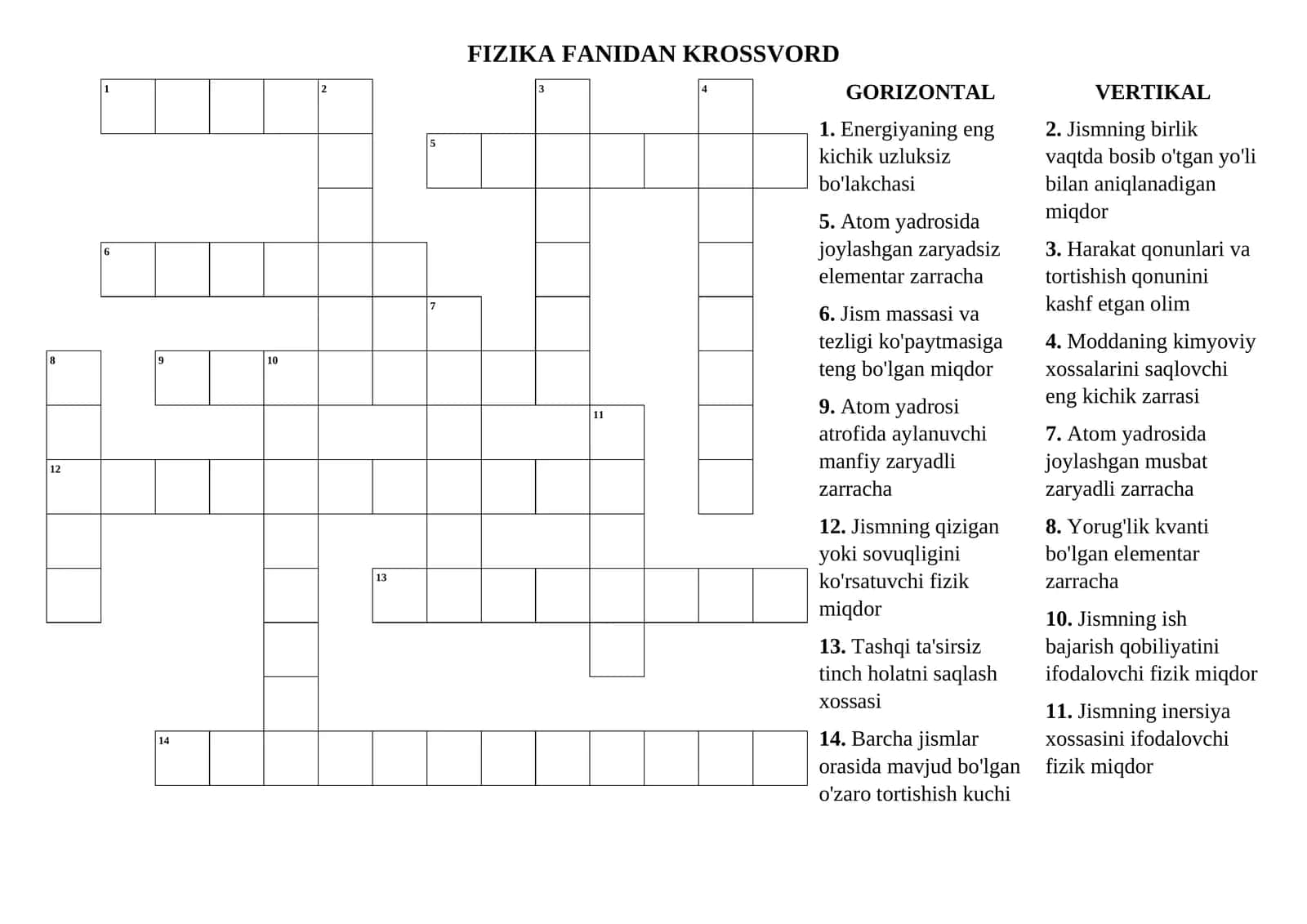 FIZIKA FANIDAN KROSSVORD 1
