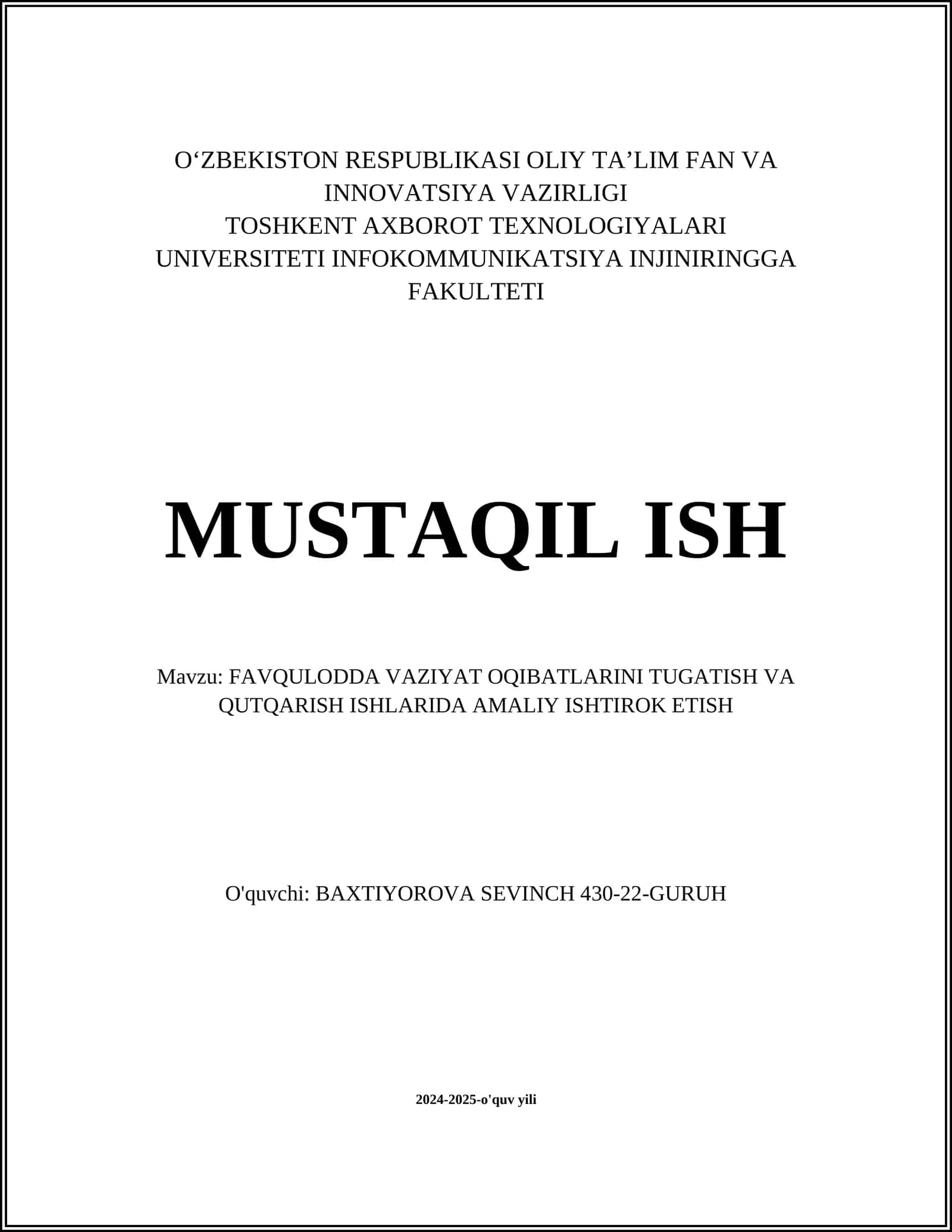 FAVQULODDA VAZIYAT OQIBATLARINI TUGATISH VA QUTQARISH ISHLARIDA AMALIY ISHTIROK ETISH 1