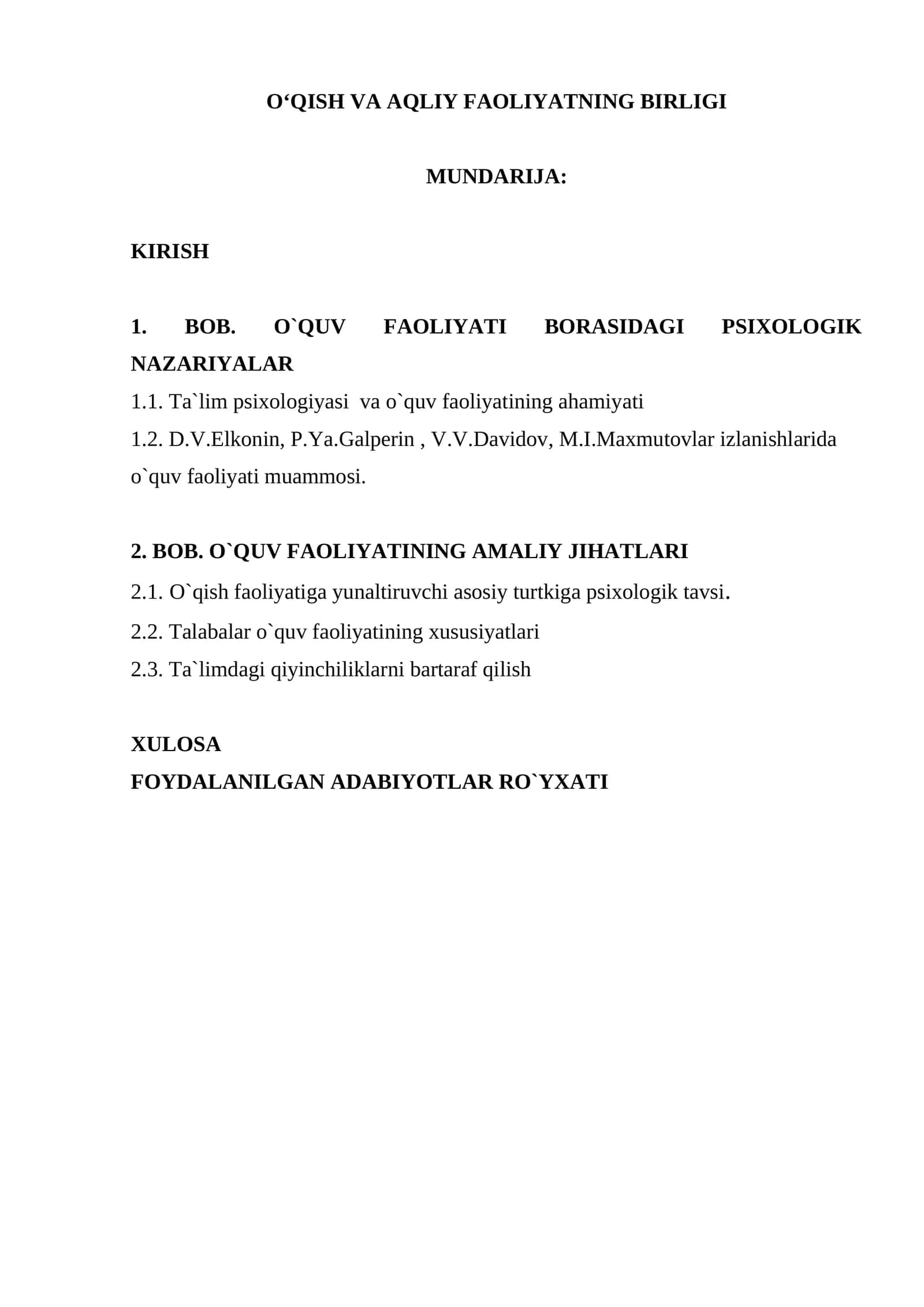 O`QISH VA AQLIY FAOLIYATNING BIRLIGI 1