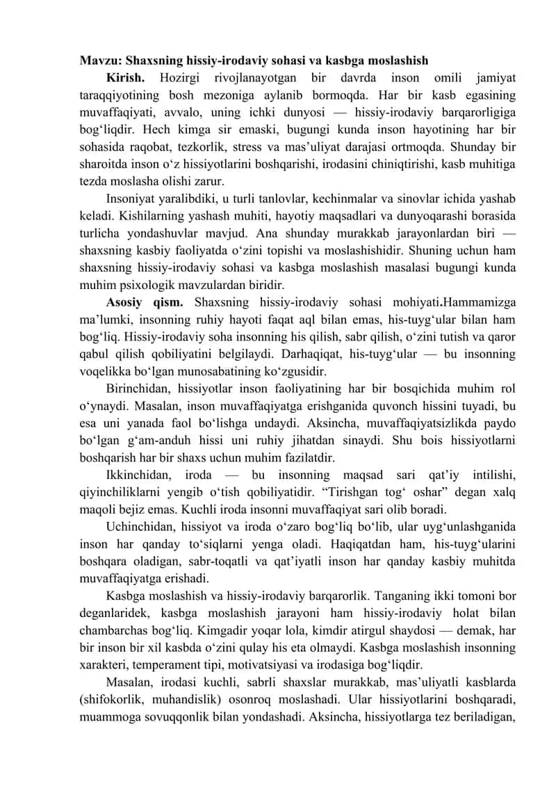 Shaxsning hissiy-irodaviy sohasi va kasbga moslashish 1